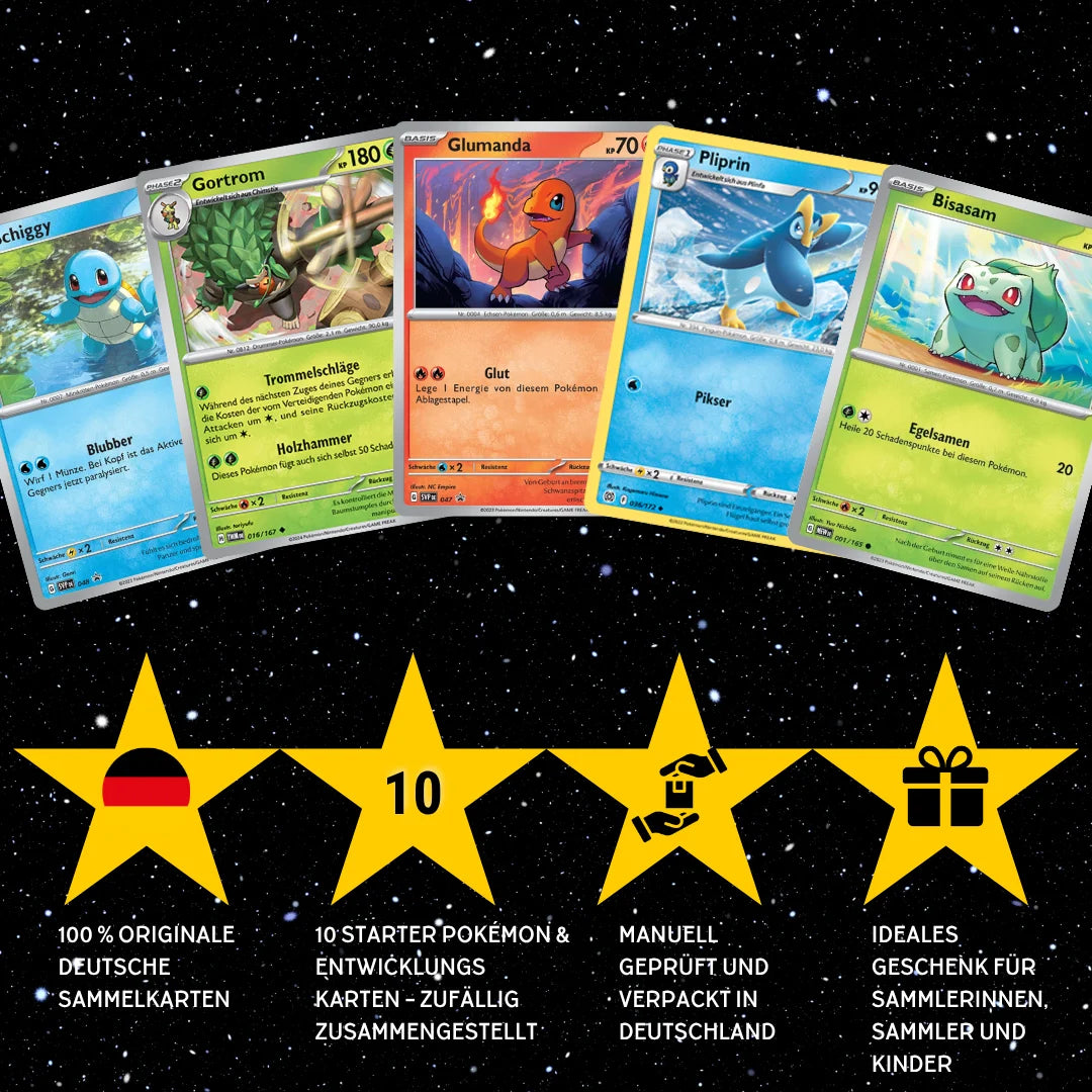 Pokémon Set di carte Tedesco – 10 carte Starter Pokémon & Mega-Entwicklung – Selezionate casualmente
