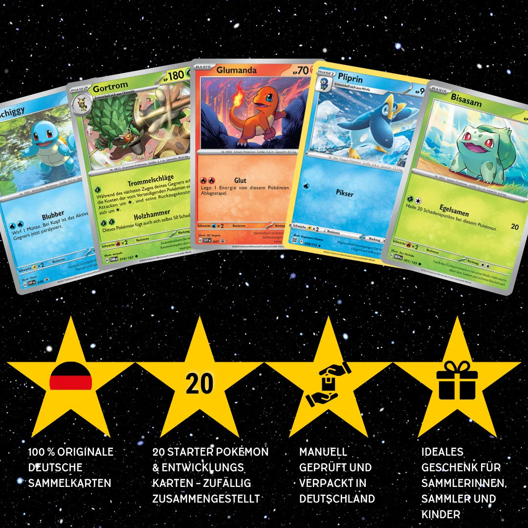 Pokémon Set di carte Tedesco – 20 carte Starter Pokémon & Mega-Entwicklung – Selezionate casualmente
