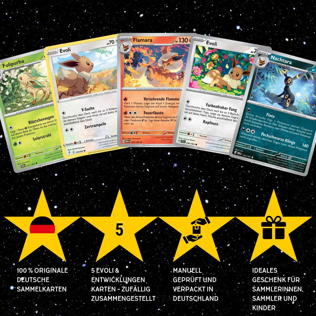 Pokémon Set di carte Tedesco – 5 carte Evoli/Eevee & Mega-Entwicklung – Selezionate casualmente