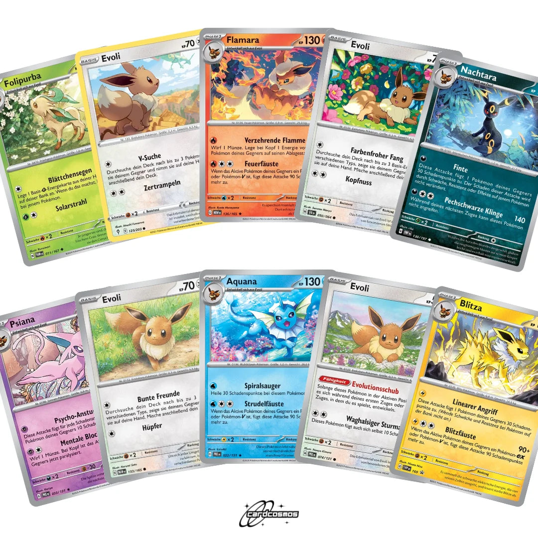 Pokémon Set di carte Tedesco – 10 carte Evoli/Eevee & Mega-Entwicklung – Selezionate casualmente