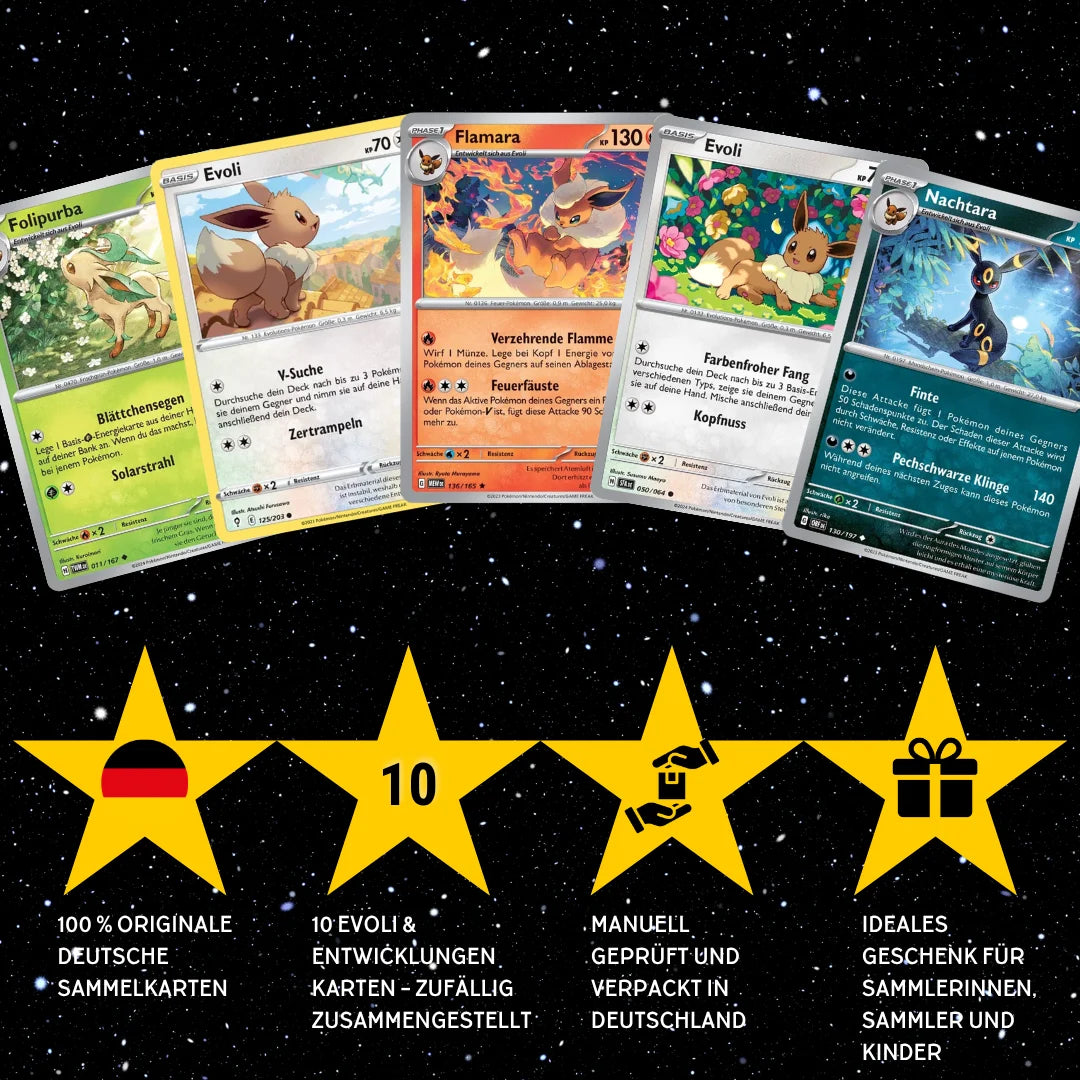 Pokémon Set di carte Tedesco – 10 carte Evoli/Eevee & Mega-Entwicklung – Selezionate casualmente