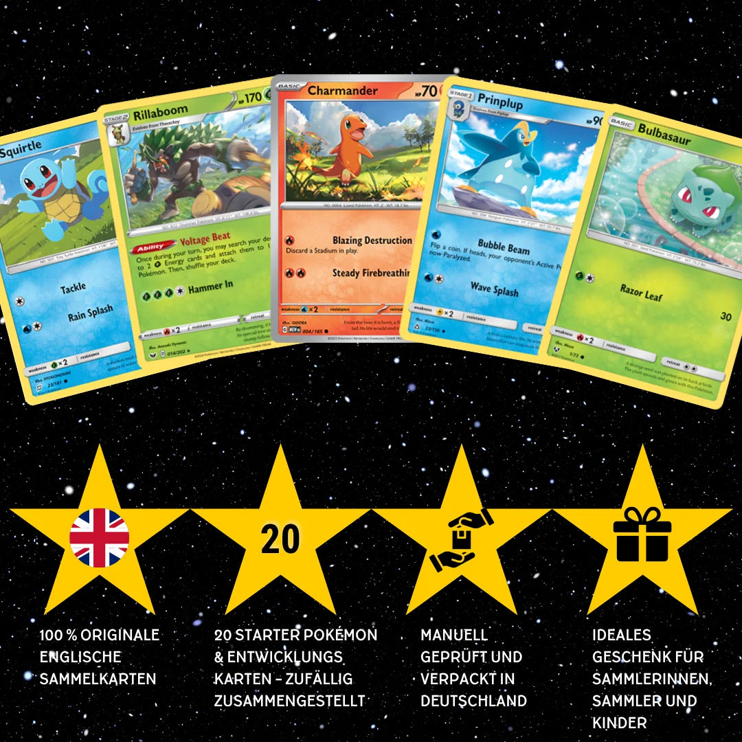 Pokémon Set di carte Inglese – 20 carte Pokémon Starter e evoluzioni – Composizione casuale