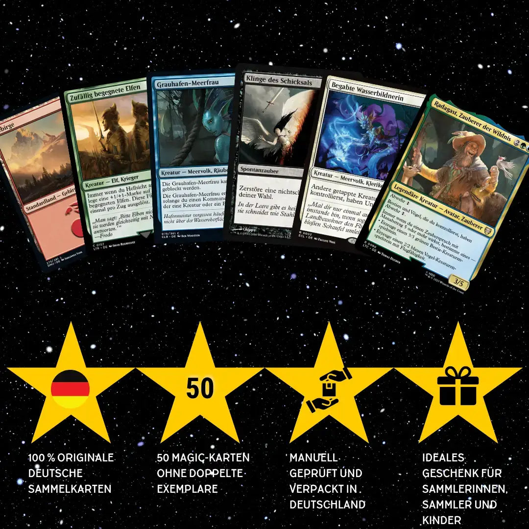 Magic: The Gathering Karten Set Deutsch – 50 Karten inkl. 4 Rares & 1 Foil + 100 Kartenhüllen