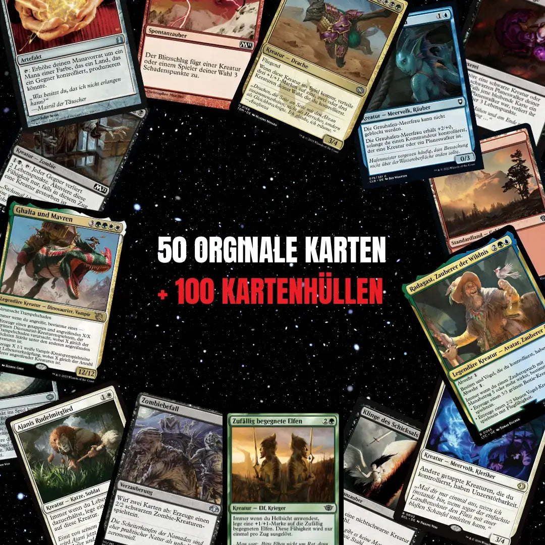 Magic: The Gathering Karten Set Deutsch – 50 Karten inkl. 4 Rares & 1 Foil + 100 Kartenhüllen