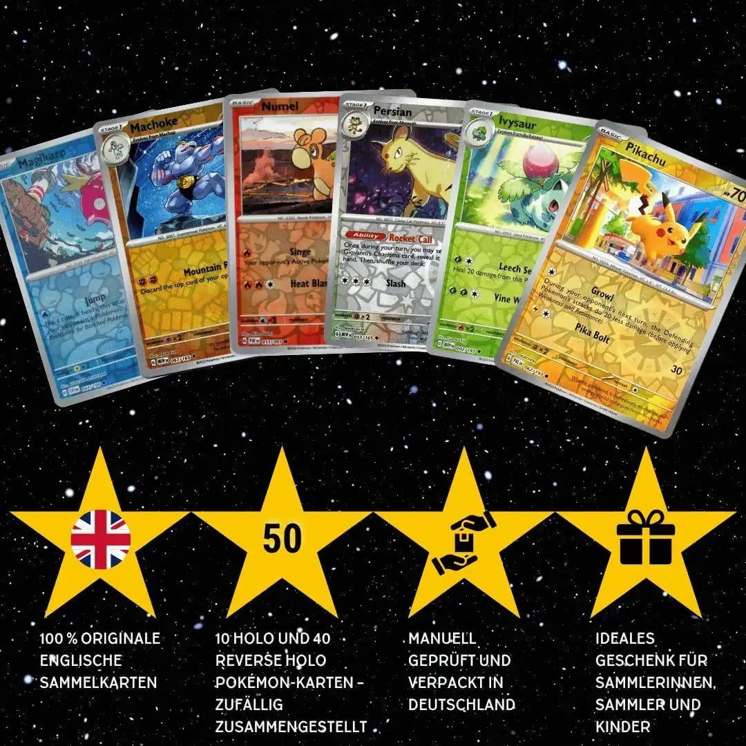 Pokémon Holo Karten Set Englisch – 50 Holo & Reverse Holo Karten + 100 Kartenhüllen