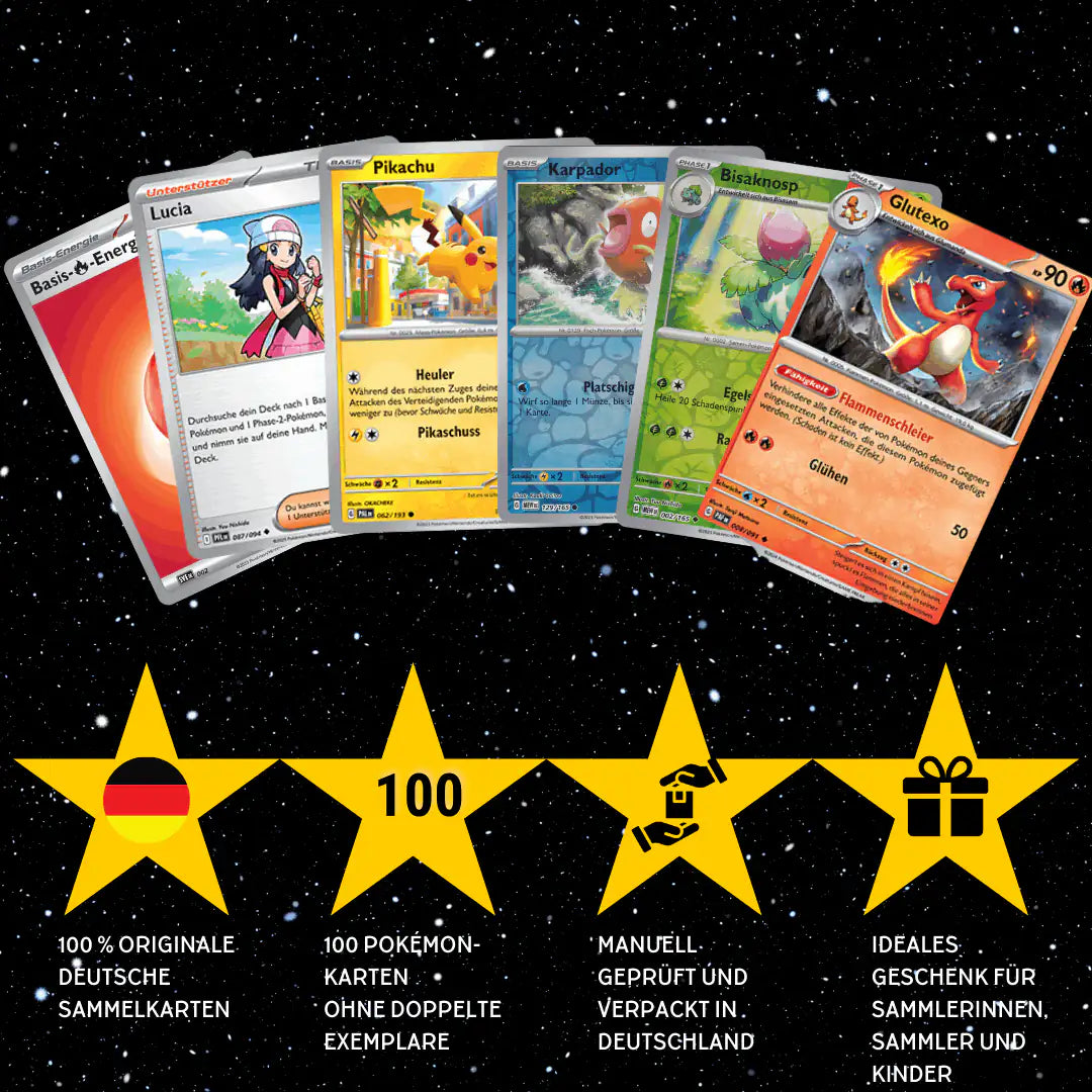 Pokémon Karten Set Deutsch – 100 Karten inkl. 12 Holo + 100 Kartenhüllen