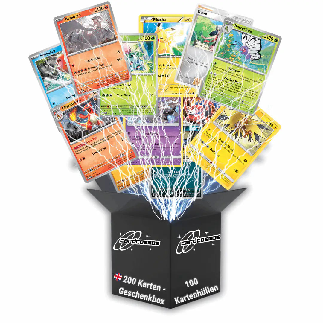 Pokémon Karten Set Englisch – 200 Karten inkl. 25 Holo + 100 Kartenhüllen