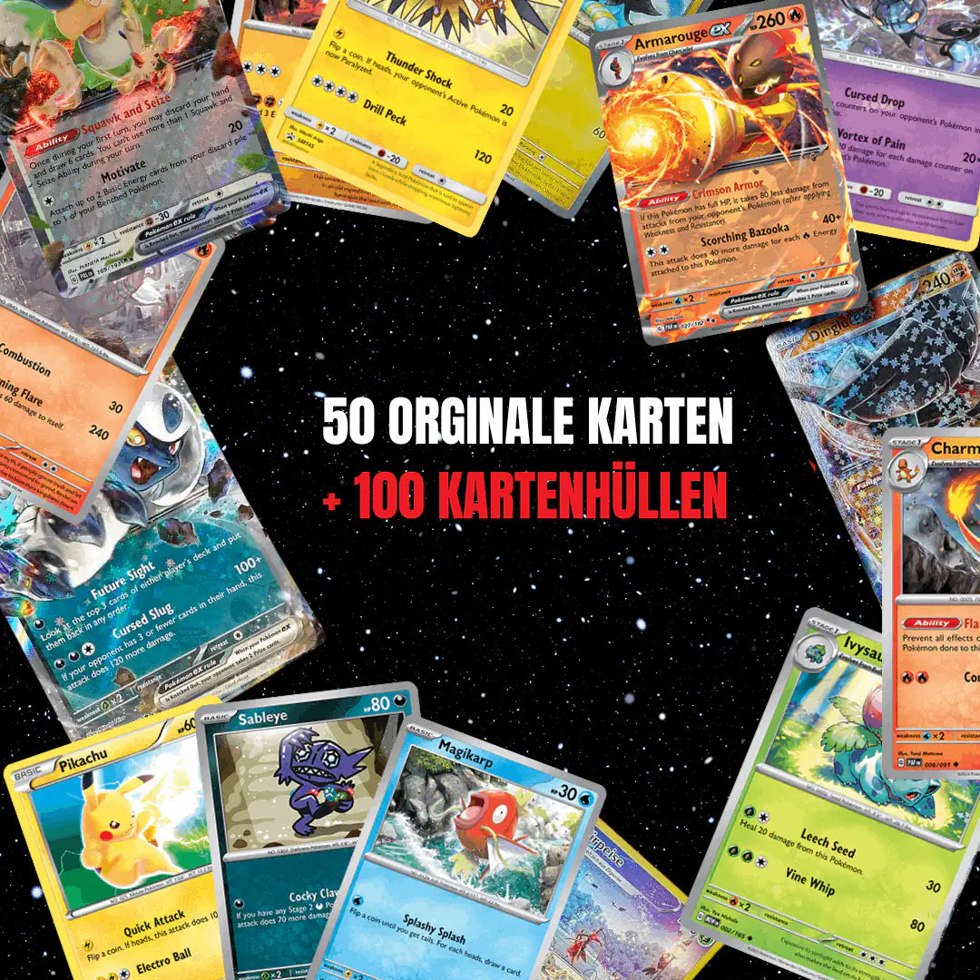 Pokémon Karten Set Englisch – 50 Karten inkl. 6 Holo + 100 Kartenhüllen
