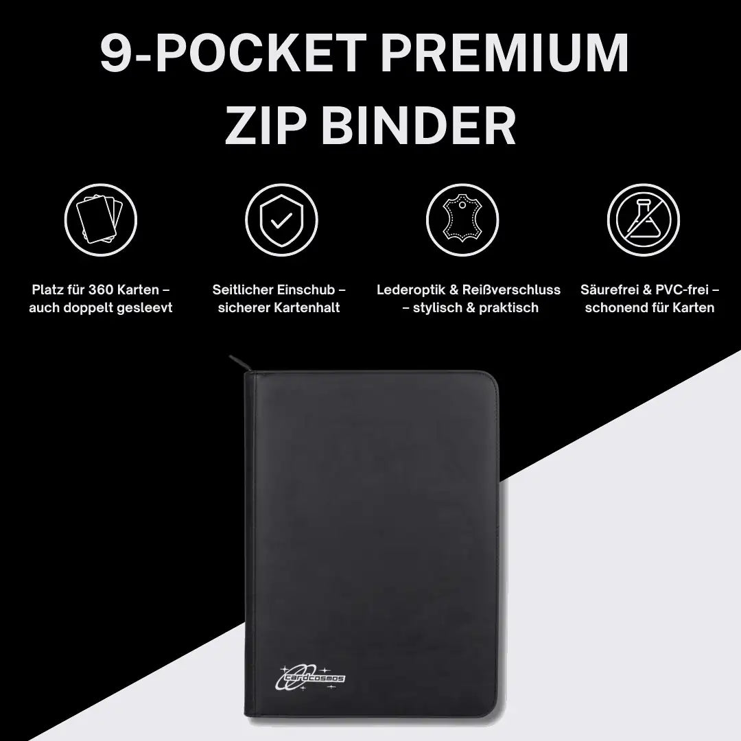 cardcosmos - 9 Pocket Zip Premium Leather Binder - Schwarz/Silber